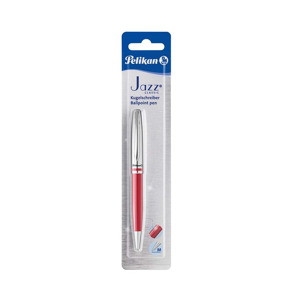 Pelikan Jazz Classic Ballpoint Pen, Medium Nib, Blue Ink Refill Included, Metal, Red, Blister Card