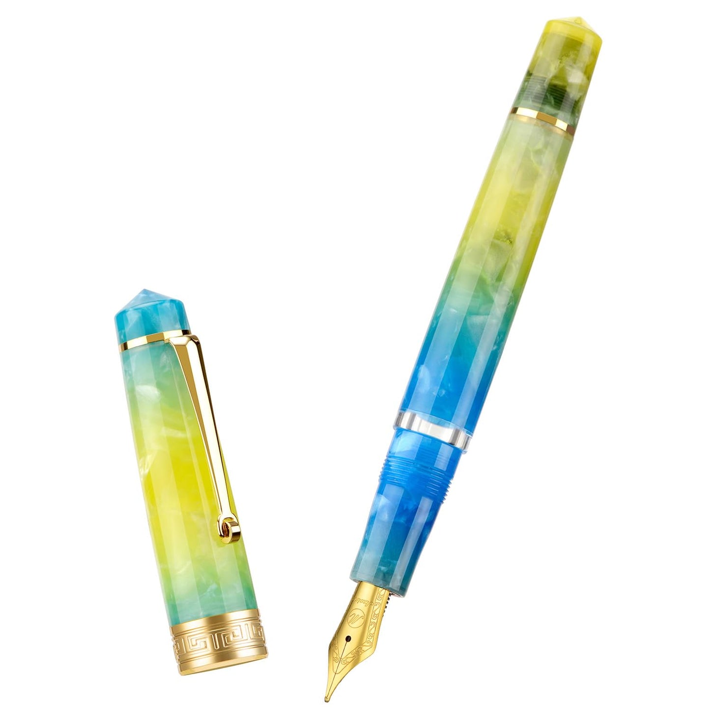 Asvine P20 Piston Fountain Pen Gradual Yellow Resin, Iridium Extra Fine Nib Gold Trim Smooth Writer