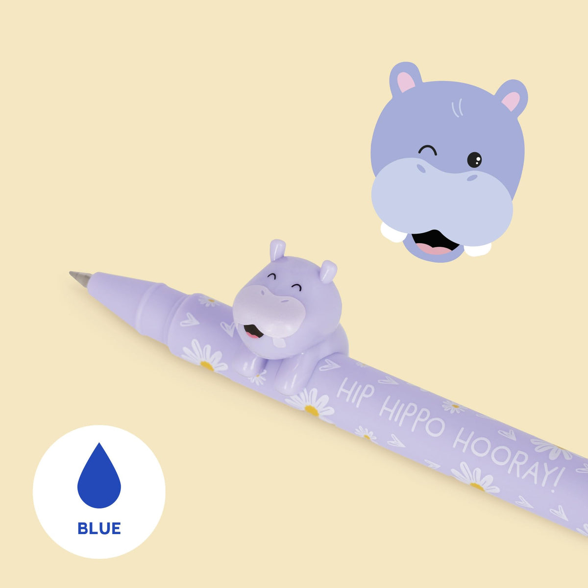 Legami - Gel Pen with Decorative Animal - Lovely Friends, Hippo Theme, Avoid Rolling, Blue Ink