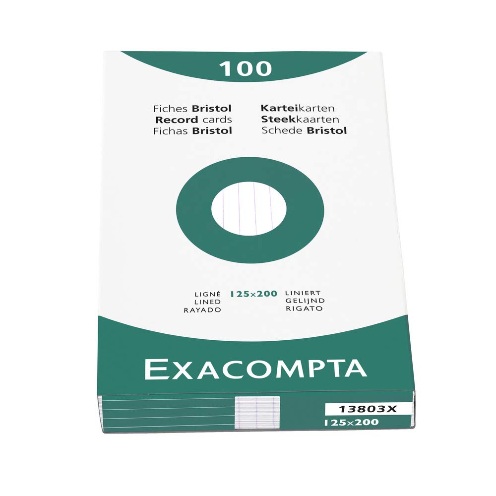 Exacompta - Ref 13803X - Bristol Record Cards (Pack of 100) - 125 x 200mm in Size, Lined Rulings