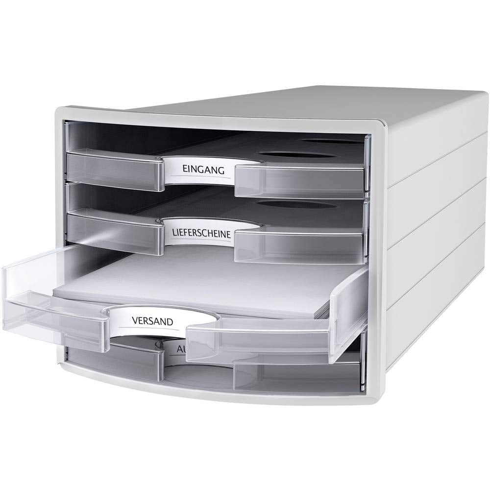 Han Impuls Drawer Box DIN A4/C4 4 Open Drawers Light Grey/Translucent Clear