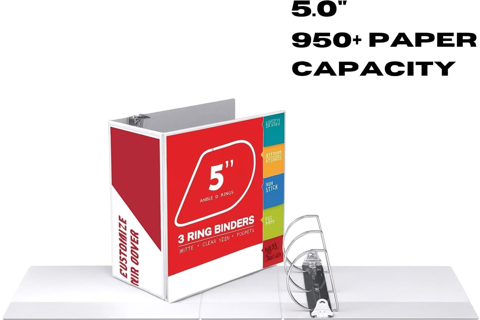 5 Inch 3 Ring Binder, Heavy Duty D-Ring, Holds 900 Sheets, White, PVC-Free