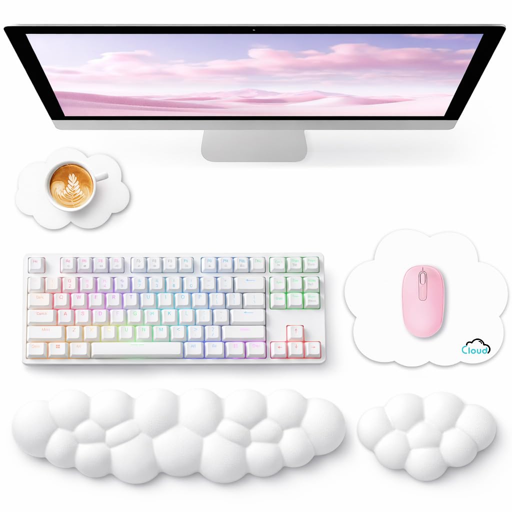 Sushret Cloud Wrist Rest for Computer Keyboard and Mouse Pad Set, White