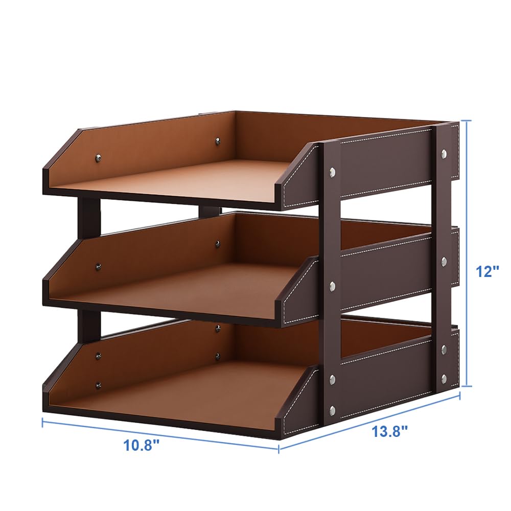 3 Tier Leather Magazine File Holder, Thipoten Paper Tray Organizer Desk Document File Organizer
