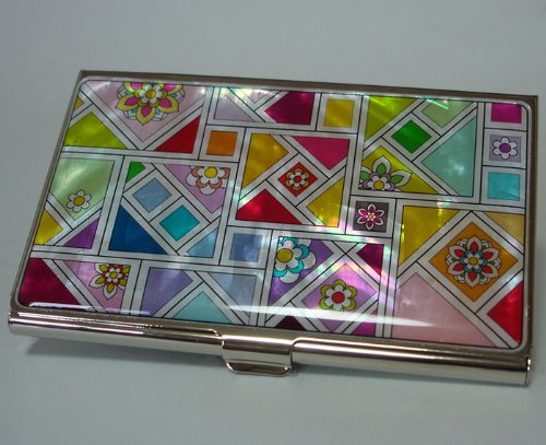 Antique Alive Mother of Pearl Yellow Green Red Business Credit Name Id Card Case Holder Metal