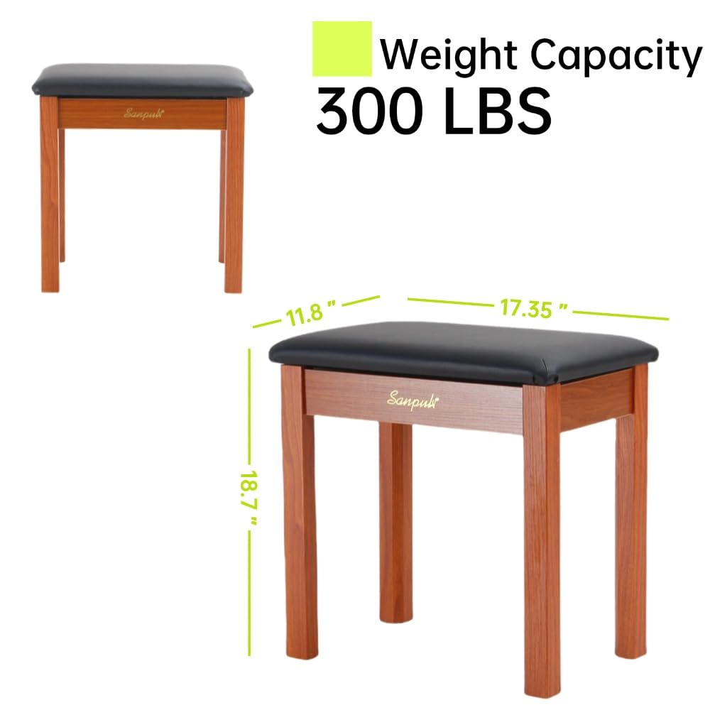 Sanpuli Solid Wood Piano Bench with Storage, Piano Stool and Padded Cushion, Keyboard Bench with