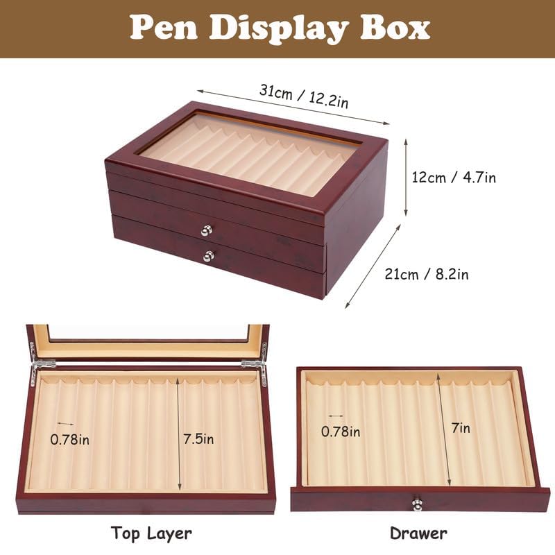 3 Layer Wood Pen Display Box 34 Pen Organizer Box,Pen Display Case Storage and Fountain Pen