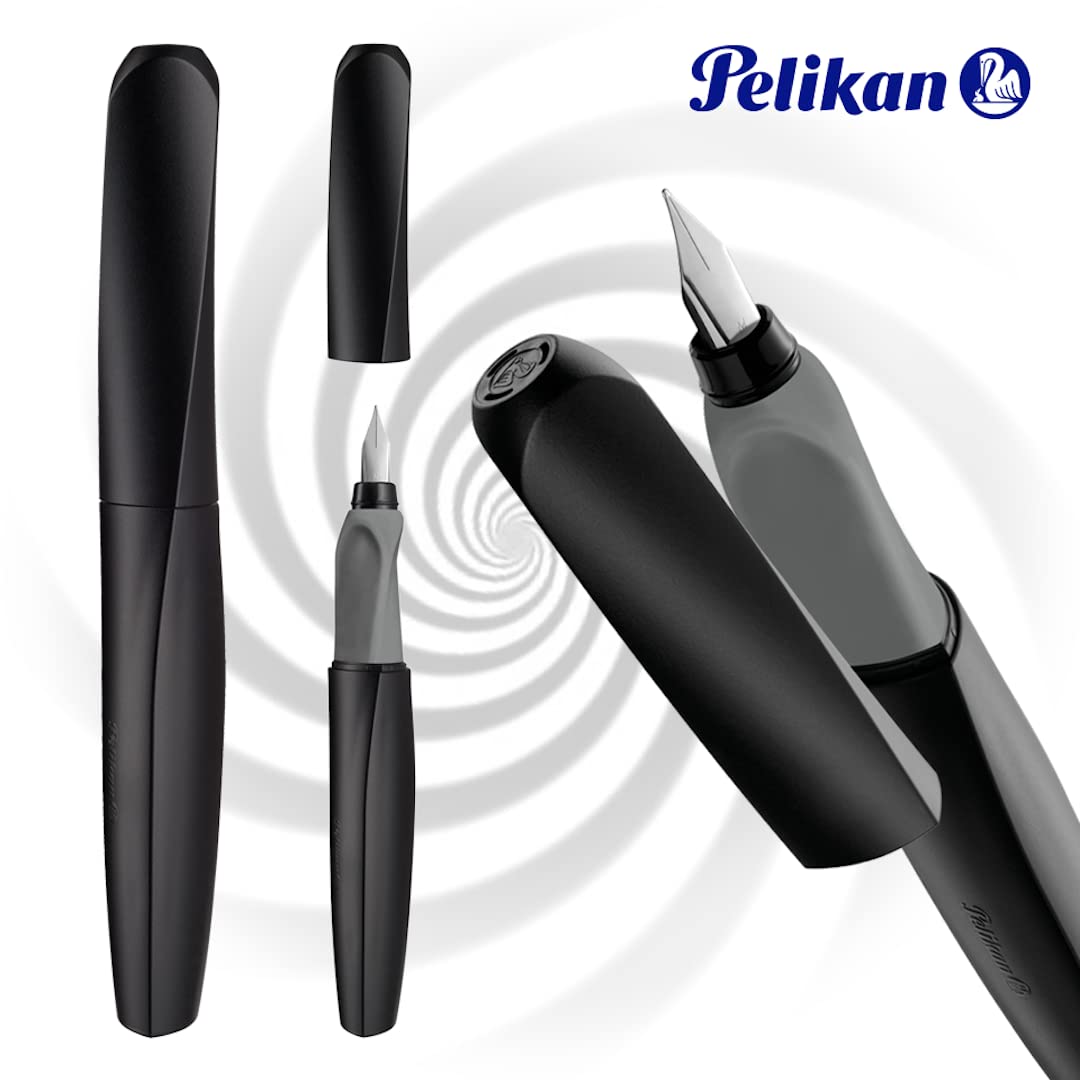 Pelikan Twist Fountain Pen with 2 Ink Cartridges, Medium Nib, Black, Blister Card (946814)