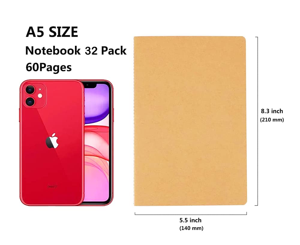 Wotion Kraft Lined Notebook 32 Pack, A5 Journal, 8.3" x 5.5", 60 Pages Thick No Bleed Paper, Soft