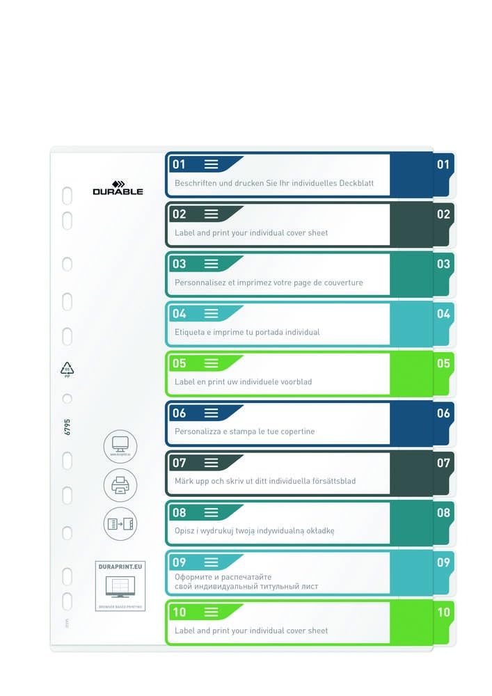 Durable Index Set 1-10 A4+ Portrait, Writable Index Sheet, 100% Recyclable, Multi-Coloured