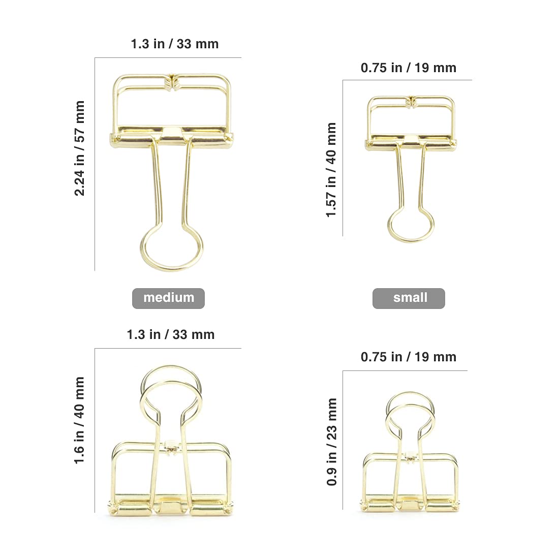 DEEDYGO 20 PCS Gold Wire Binder Clips, Assorted Sizes (10 Medium, 10 Small)