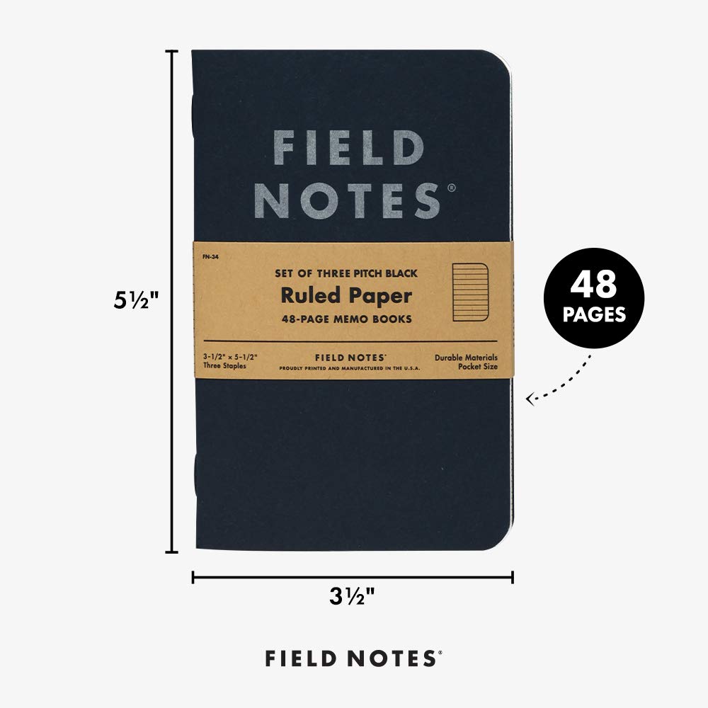 Field Notes 3-Pack Pitch Black Memo Books (3.5" X 5.5"), Ruled, 48 Pages | Thin Pocket Sized EDC
