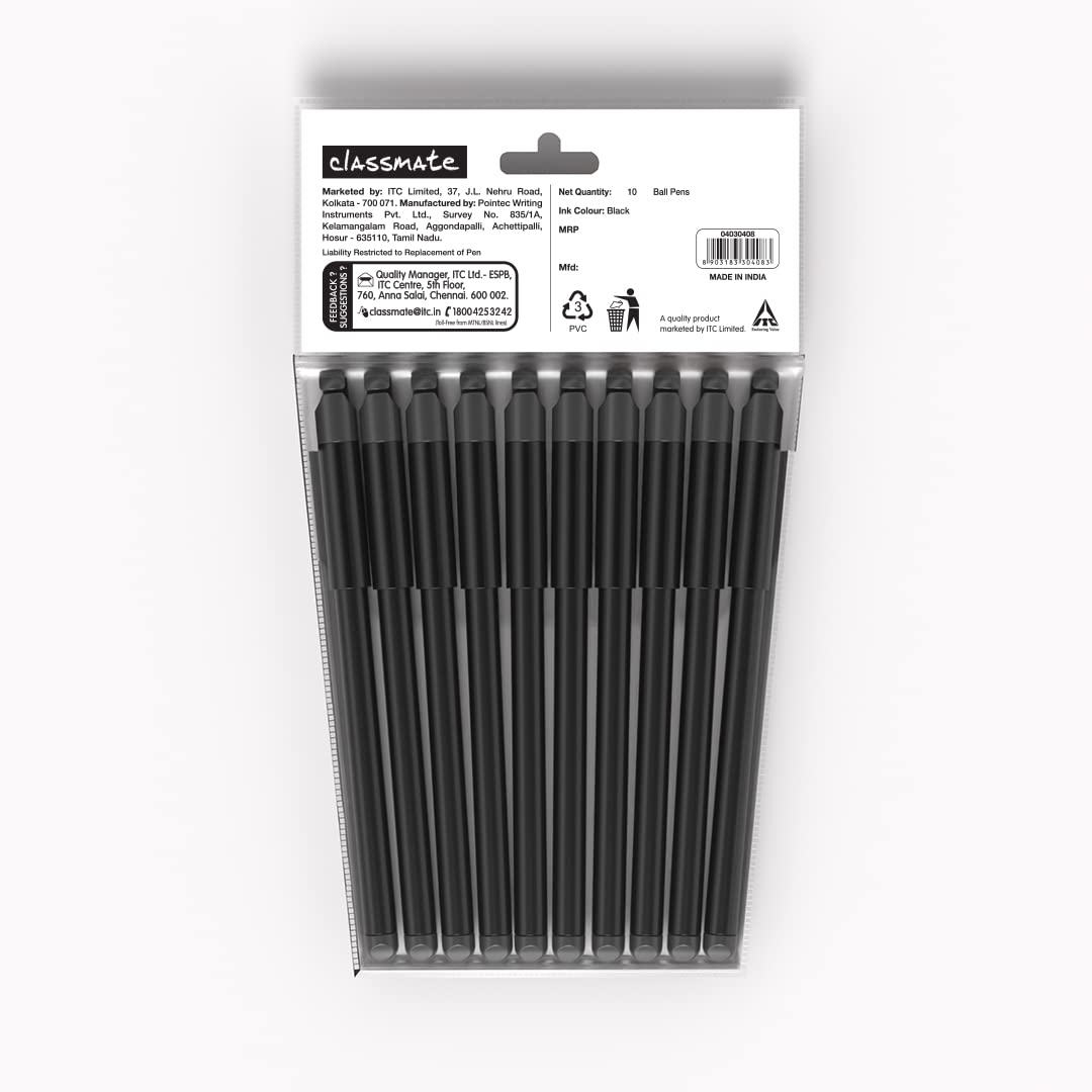 Classmate Hook Ball Pen|Black Ball Pens| Pack of 10