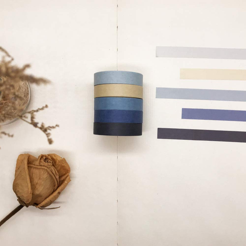 EnYan Solid Color Washi Tapes Set, 5 Rolls Basic Collection Decoration 10mm Wide Japanese Masking