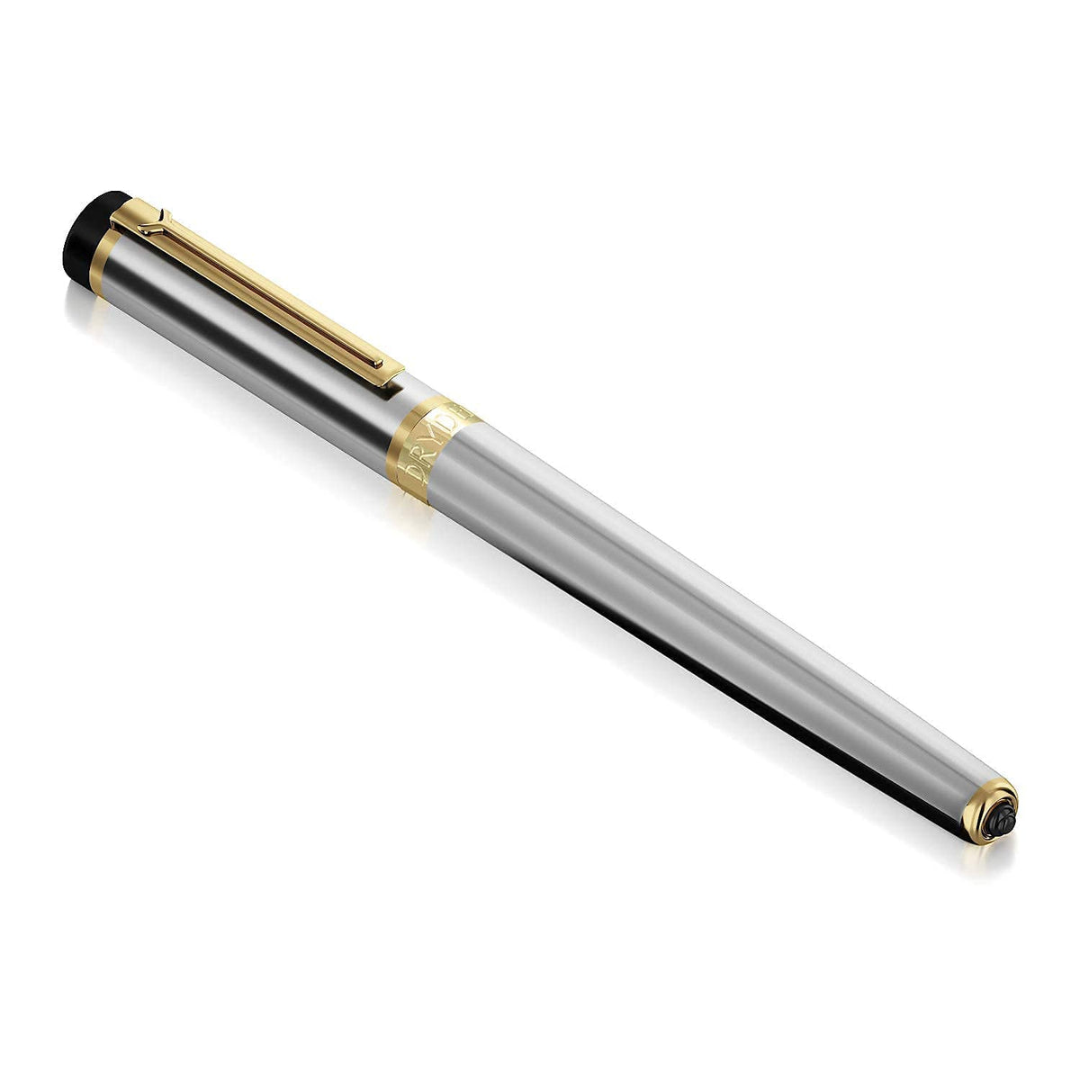 Dryden Designs Fountain Pen. Medium Nib Premium Box | 6 Ink Cartridges Included (Metallic Silver)