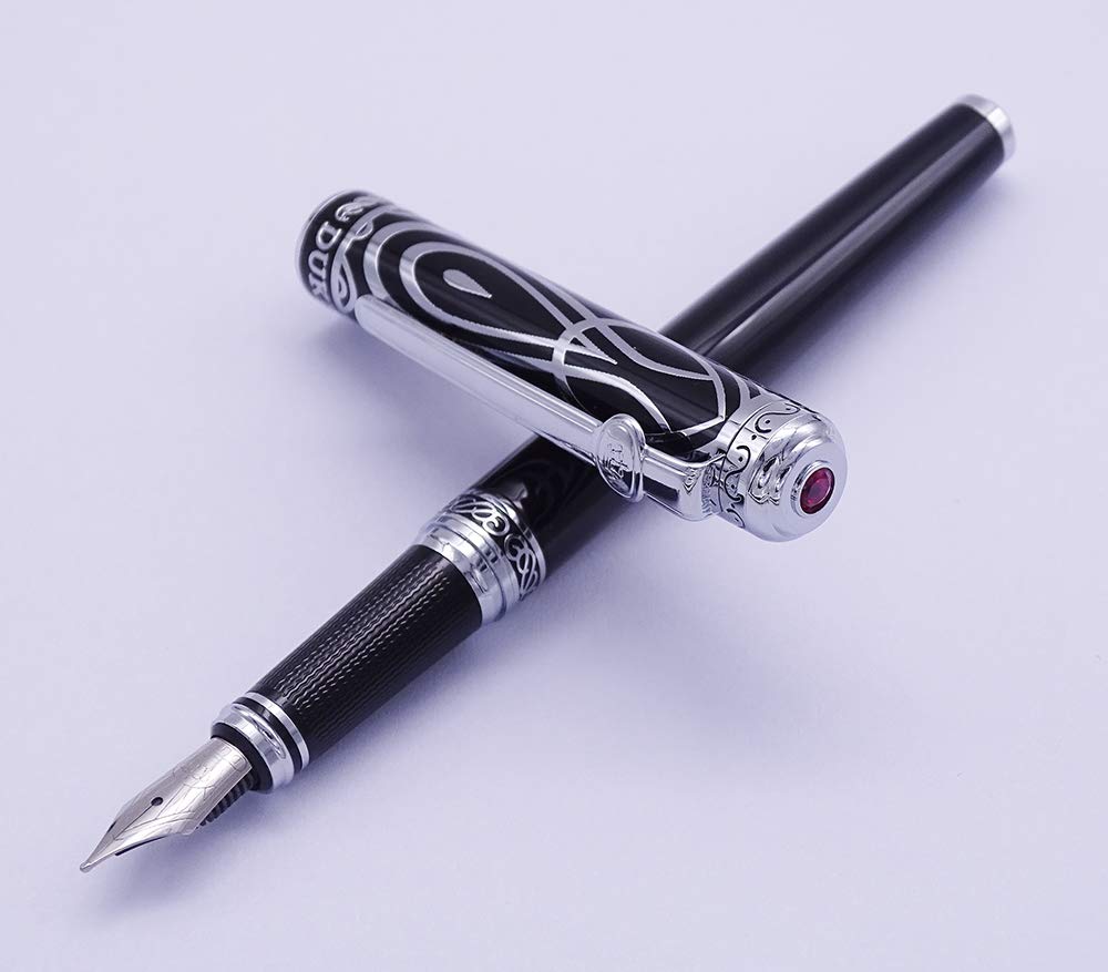Lanxivi Duke Sweet Heart Pattern Black Fountain Pen Ruby Silver Trim