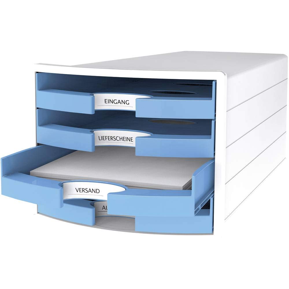 Han Impuls Drawer Box DIN A4/C4 4 Open Drawers White/Trend Colour Light Blue