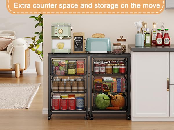 Pantry Organizer and Storage Cart, 3-Tier Kitchen Storage Cart with Drawer, Fruit Vegetable Storage