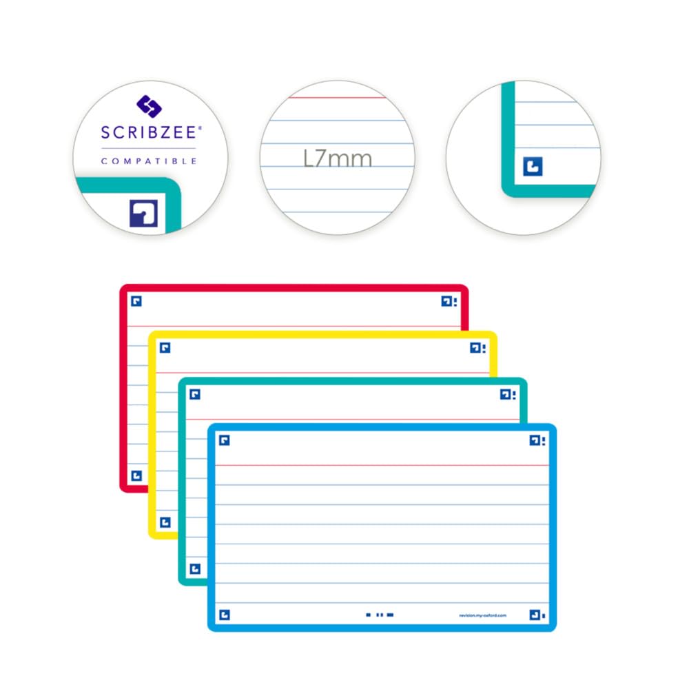 Oxford Flash Cards, Revision Cards, Assorted Colours, Ruled, 7.5 x 12.5 cm