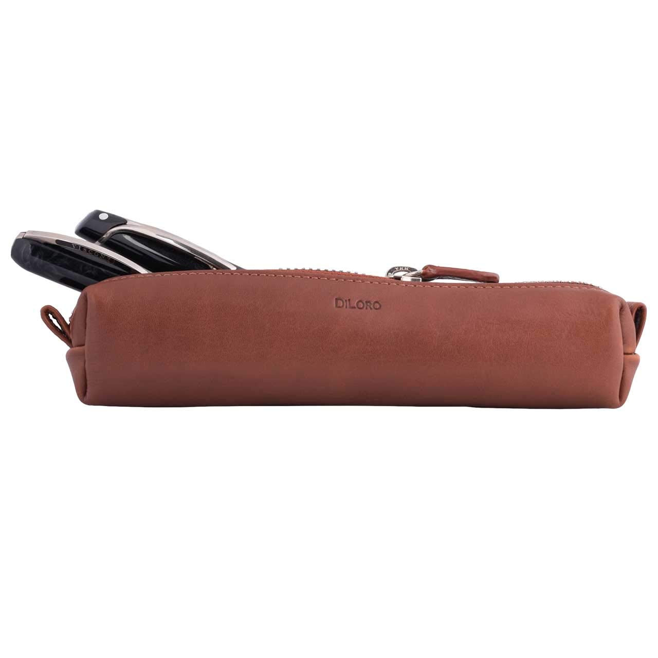 DiLoro Leather Zippered Fountain Ballpoint Rollerball Pens and Pencils Case Holder Pouch Genuine