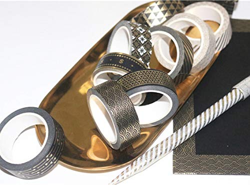 YUBBAEX 10 Rolls Washi Tape Set Black Gold Foil Print Decorative Tapes for Arts, DIY Crafts, Bullet