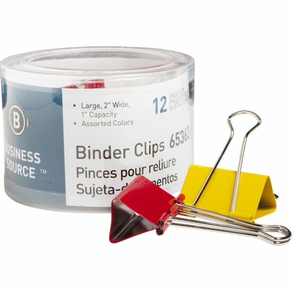 Business Source Large Binder Clips - Pack of 12 - Assorted Colors (65363)