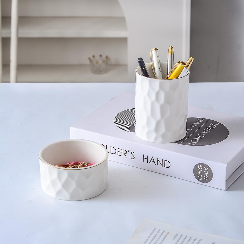 Aesthetic Desk Organizer Set of 2 For Office, Ceramic Pen Holder and Paper Clip Holder Dispenser