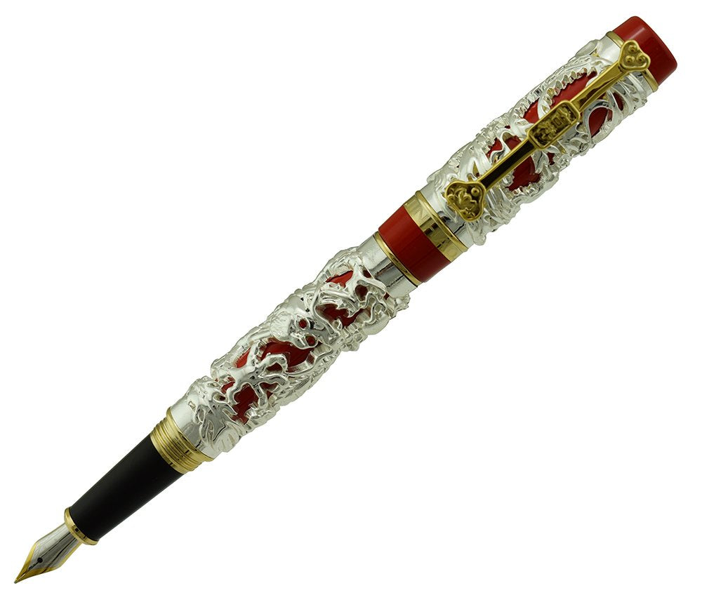 Jinhao Dragon Phoenix 3d Embossment Silver Red Fountain Pen Extra Fine Nib Chinese Ruyi Clip Wooden