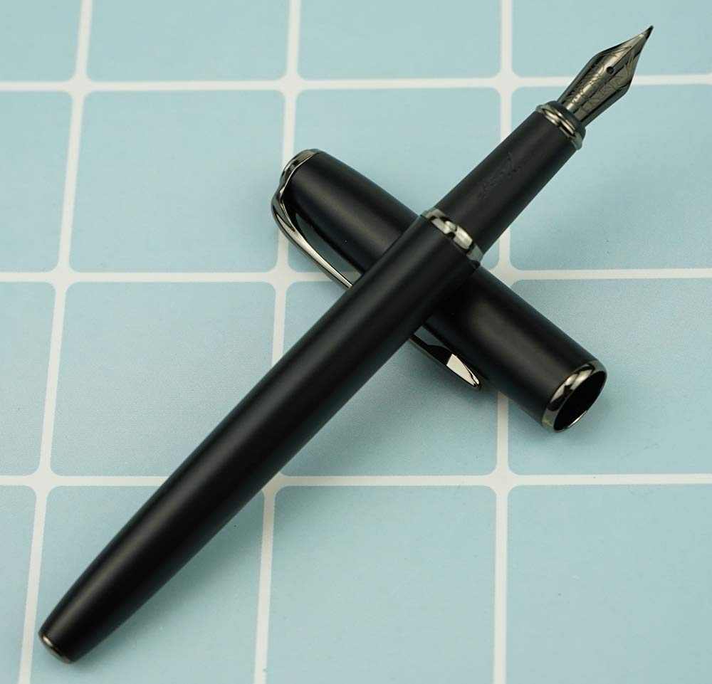 erofa Picasso 916 Matte Black & Gray Ring Fountain Pen with Box - Titanium Gray Bent Nib