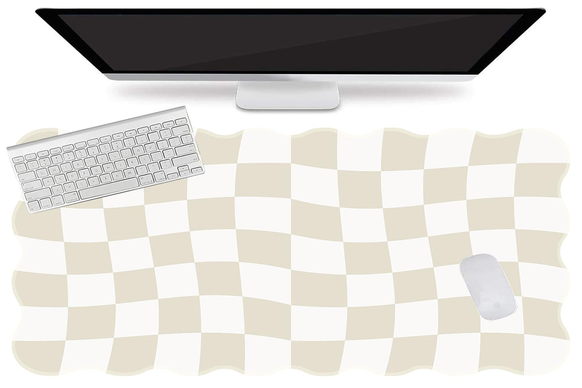 L-SPOUTTO Beige Checkered Mouse Pad,Scalloped Desk Mat XXL Gaming Mousepad