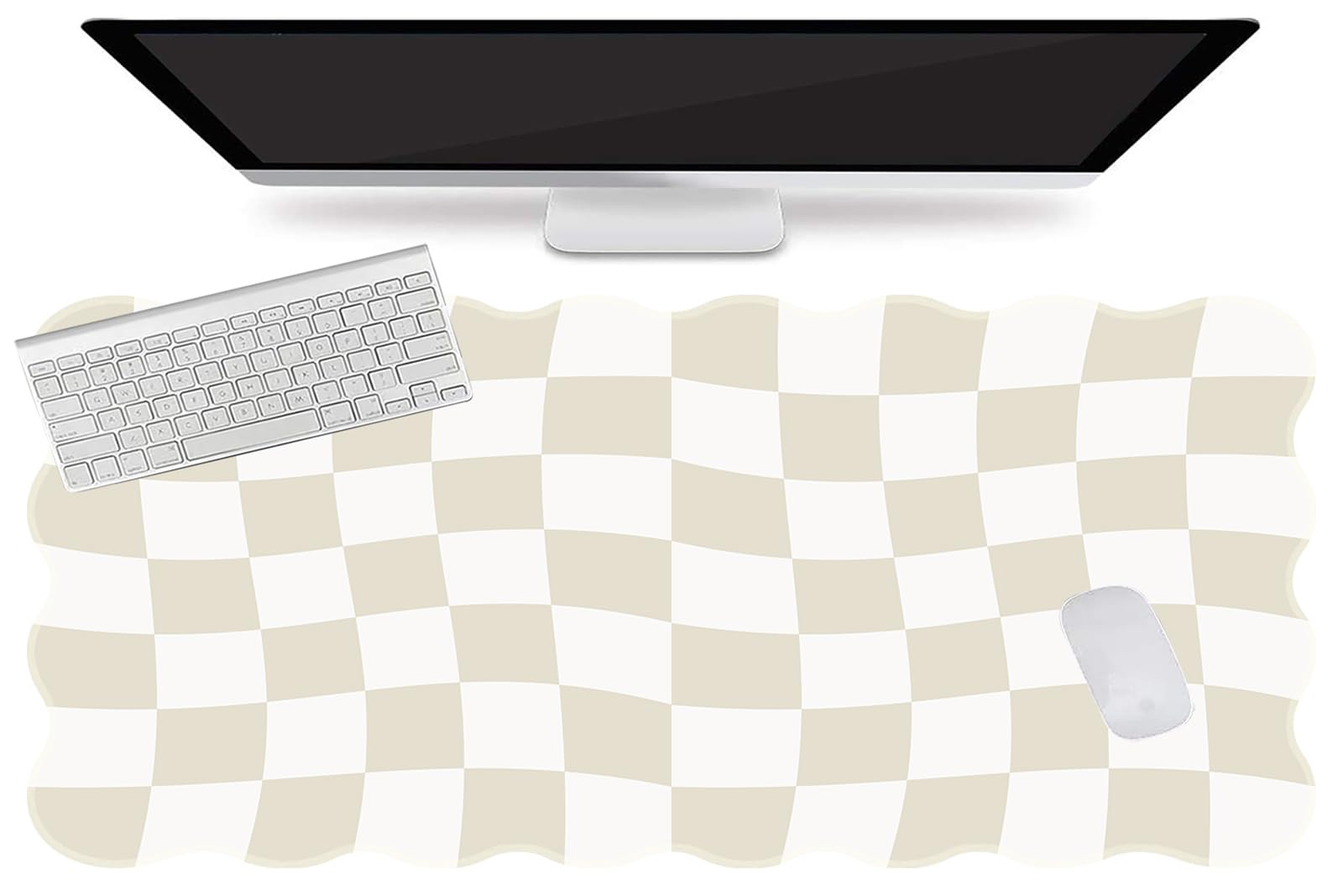 L-SPOUTTO Beige Checkered Mouse Pad,Scalloped Desk Mat XXL Gaming Mousepad