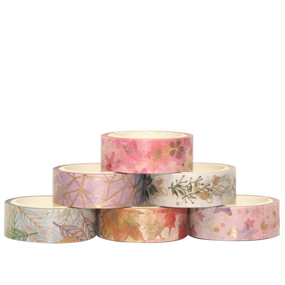 YUBBAEX Floral Gold Washi Tape Set 6 Rolls VSCO Foil Masking Tape Decorative for Arts, DIY Crafts