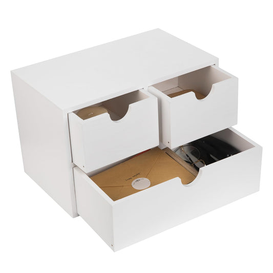 Rustic Distressed white 3-Tier Wood Desk Organizer with 3 Drawers Mini Storage Shelf For Desk