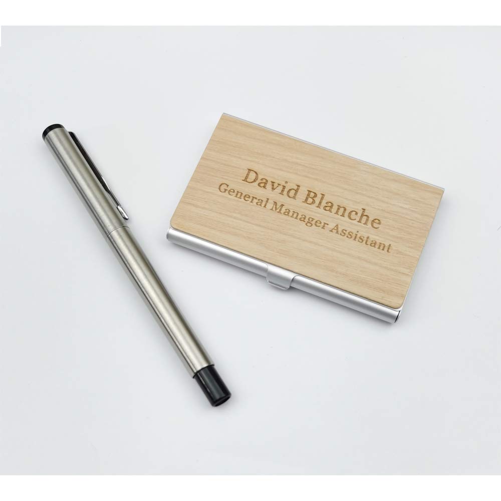 MOJIA Personalized Wood Business Card Case Holder, Custom Engraved Business Card Case for Man and