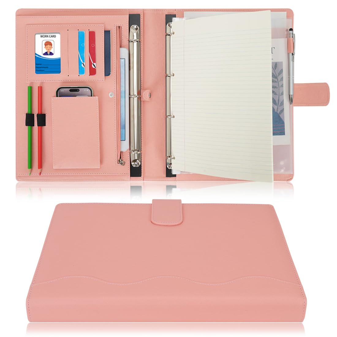 Wonderpool A4 PU Leather Ring Holder Writing Portfolio Multi Document Case with Removable Binder
