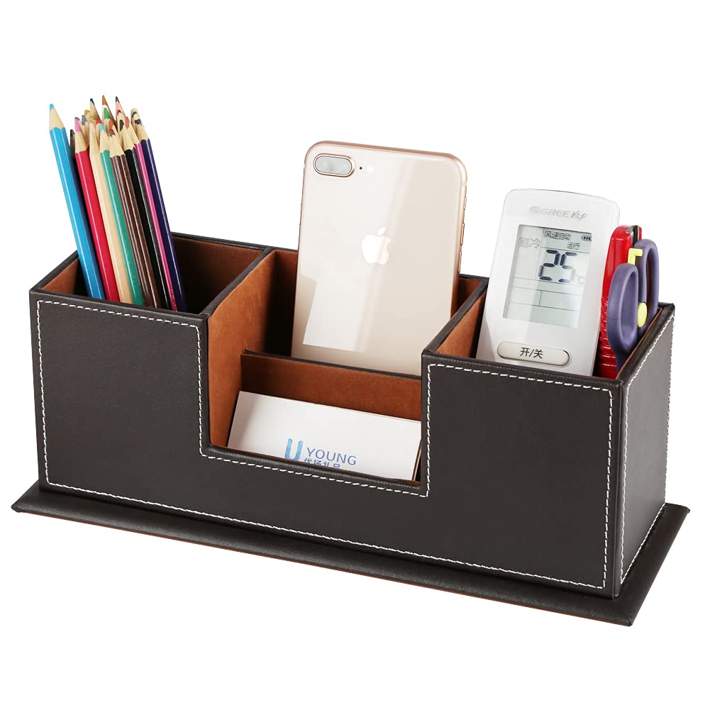 KINGFOM™ Double Holder Wood Leather Multi-Function Desk Stationery Organizer Dark Brown