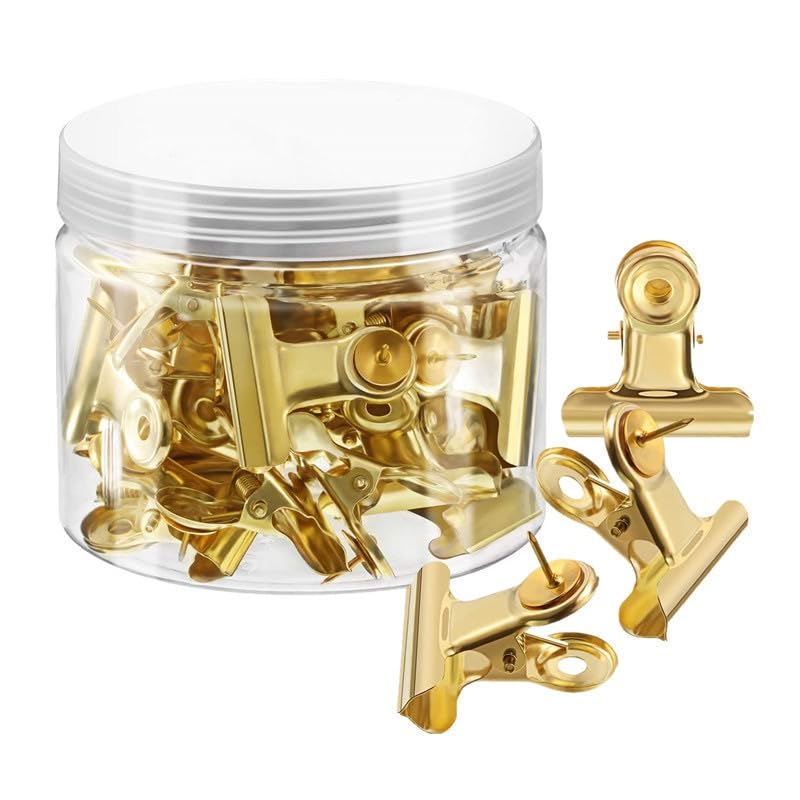 YUCHIYA 32 Pack Bulldog Clips with Push-pins for Corkboard,Metal Clips for Crafts, Metal Binder