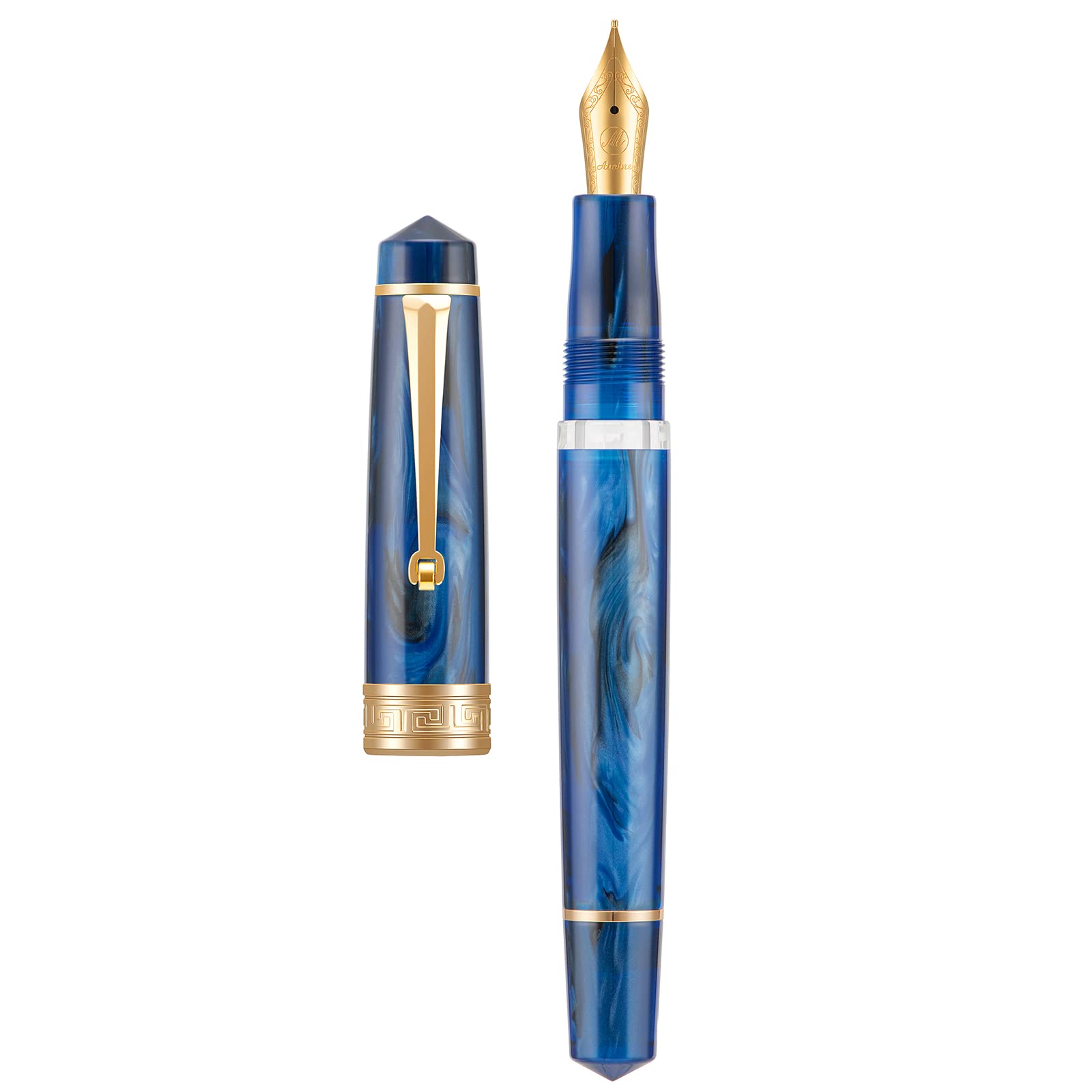 Asvine P20 Piston Fountain Pen Galaxy Blue Resin, Iridium Medium Nib Gold Trim Smooth Writer