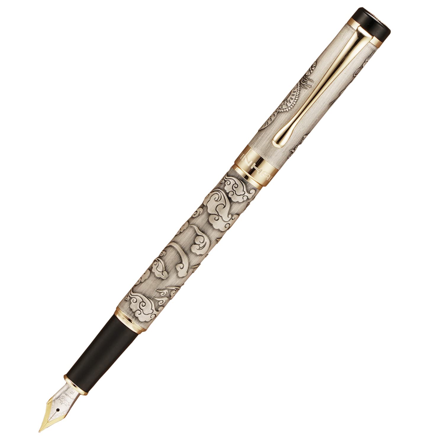 Jinhao 5000 Vintage Luxurious Metal Fountain Pen Beautiful Dragon Texture Carving, Ancient Gray