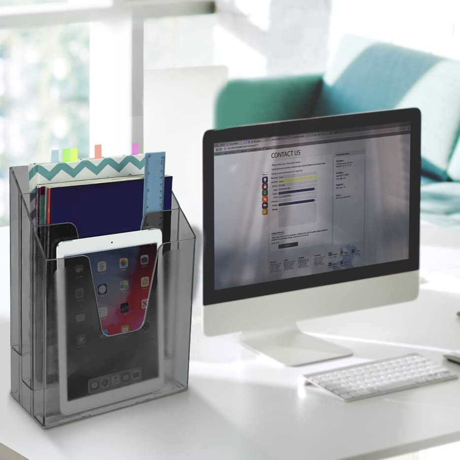Acrimet Vertical Triple File Folder Holder Organizer Sorter, Clear Gray
