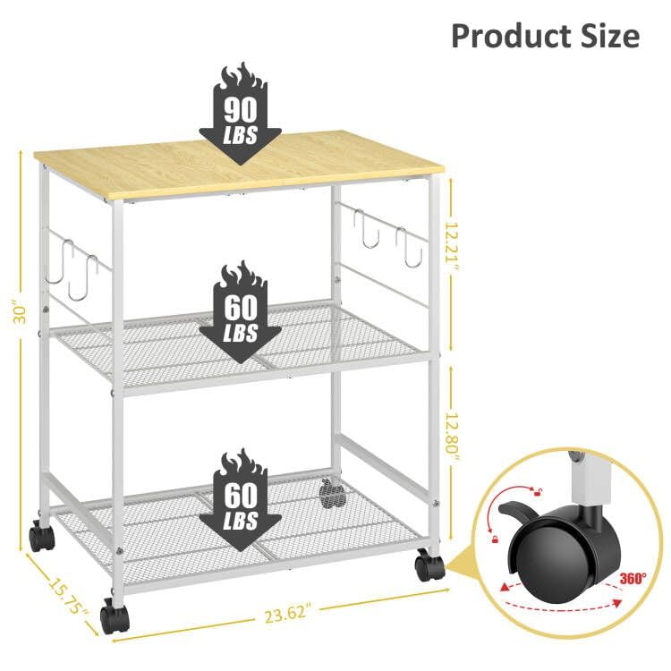 ThreeHio Rolling Kitchen Microwave Cart, 3 Tier Microwave Table Stand with Storage, Kitchen Utility
