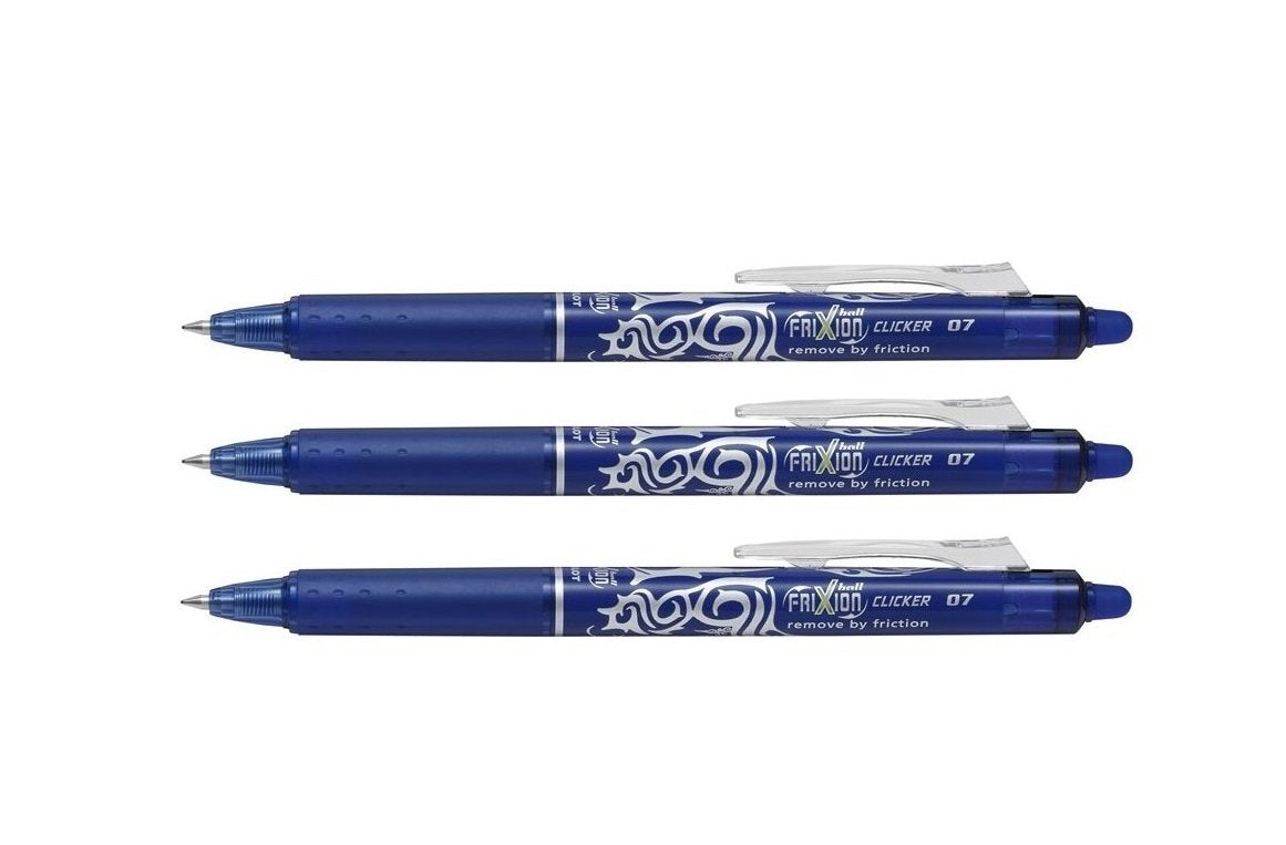 Pilot Frixion Clicker 0.7mm Tip Erasable Ink Gel Pen Tattoo Design Blue Ink (Pack of 3) Supplied