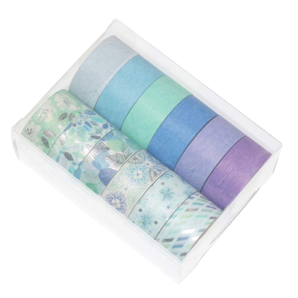 YUBBAEX 12 Rolls Blue Silver Washi Tape Set Masking Decorative Tapes (Blue Mix)