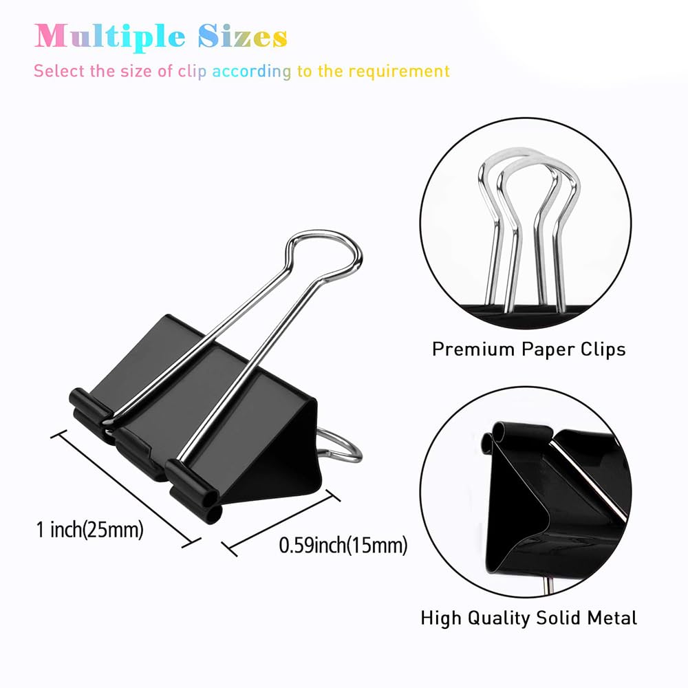 Binder Clips, 144 Pack, 1 Inch, Standard 25mm, Black, Capacity 0.47 Inch, Metal Paper Clips, Fold