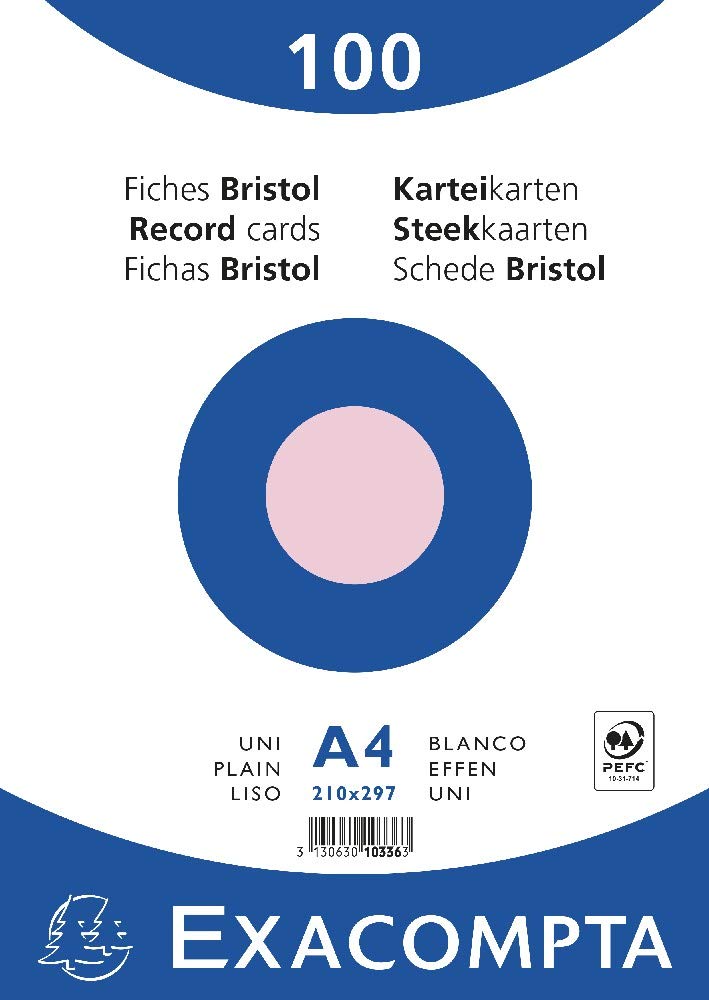 Exacompta - Ref 10336E - Bristol Plain Record Cards (Pack of 100) - A4 in Size, 205gsm Card