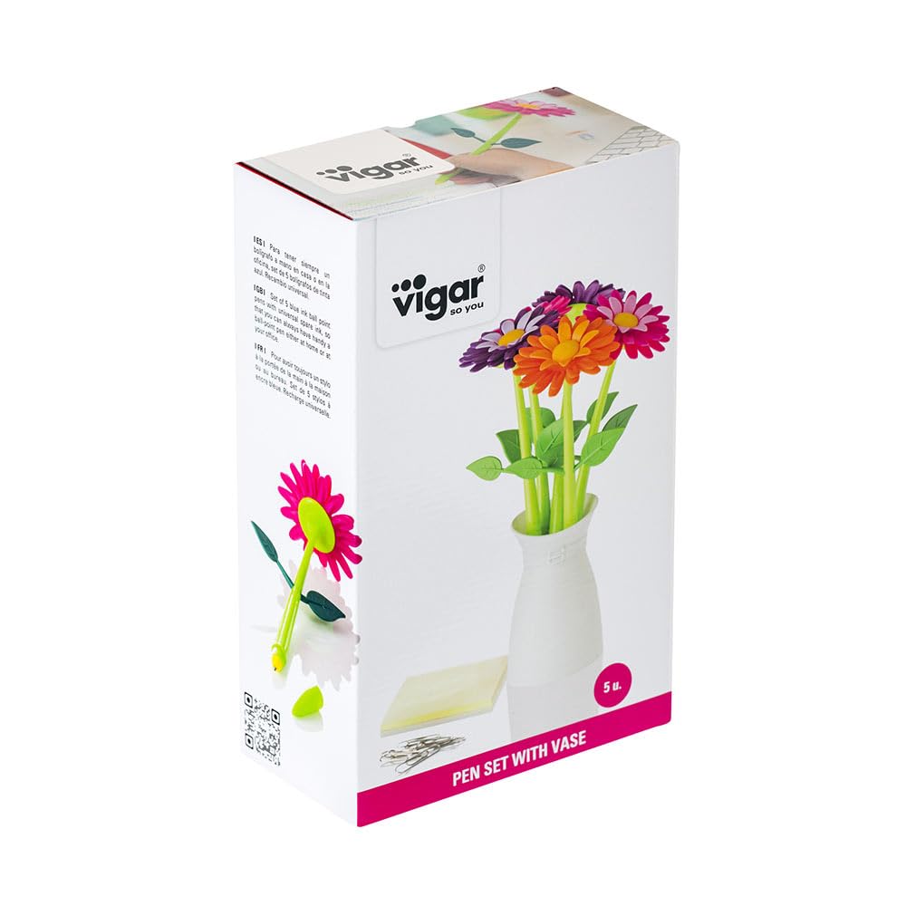 Vigar Flower Pen Set with Vase Holder – 5 Cute & Fancy Decorative Floral Pens, Blue Ink, Pretty Pen
