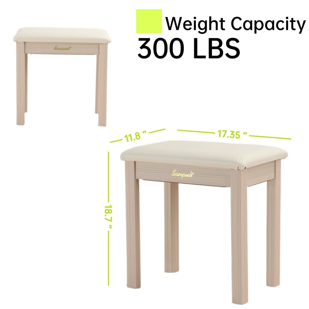 Sanpuli Solid Wood Piano Bench with Storage, Piano Stool and Padded Cushion, Keyboard Bench with