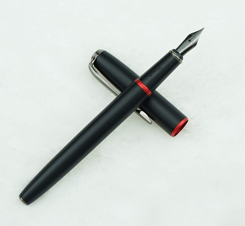 erofa Picasso 916 Matte Black & Red Ring Fountain Pen with Box - Titanium Gray Extra Fine Nib
