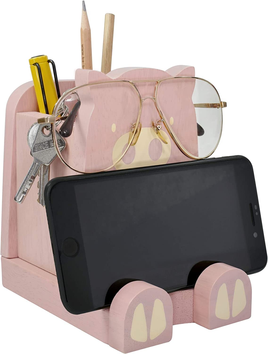 Wood Multipurpose Eyeglass Phone Pen & Pig Pencil Holder Stand Stationery Desk Box Organizer