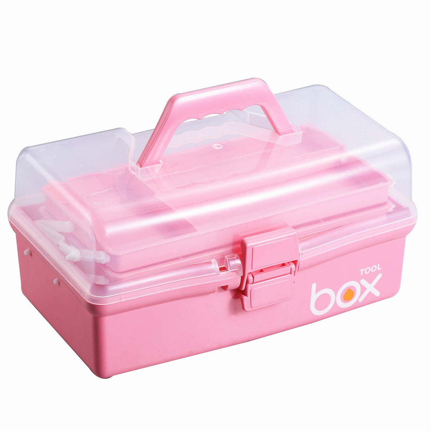 Kinsorcai 12'' Three-Layer Clear Plastic Storage Box with Handle, Craft Tool Box, 3 Layer Pink